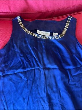 The Collection Women's Navy Blue Silk Tank with Gold Embroidery